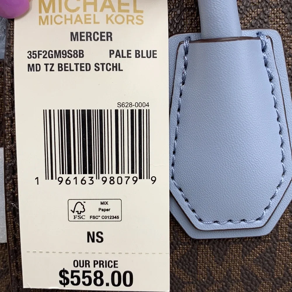 MICHAEL KORS MERCER MEDIUM TOP ZIP BELTED SATCHEL BROWN/ PALE BLUE SIGNATURE - Picture 16 of 16